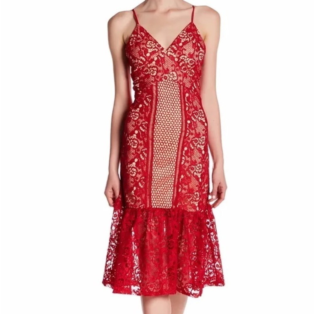 ROMEO & JULIET COUTURE Red V-Neck Spaghetti Strap Lace Dress Size M